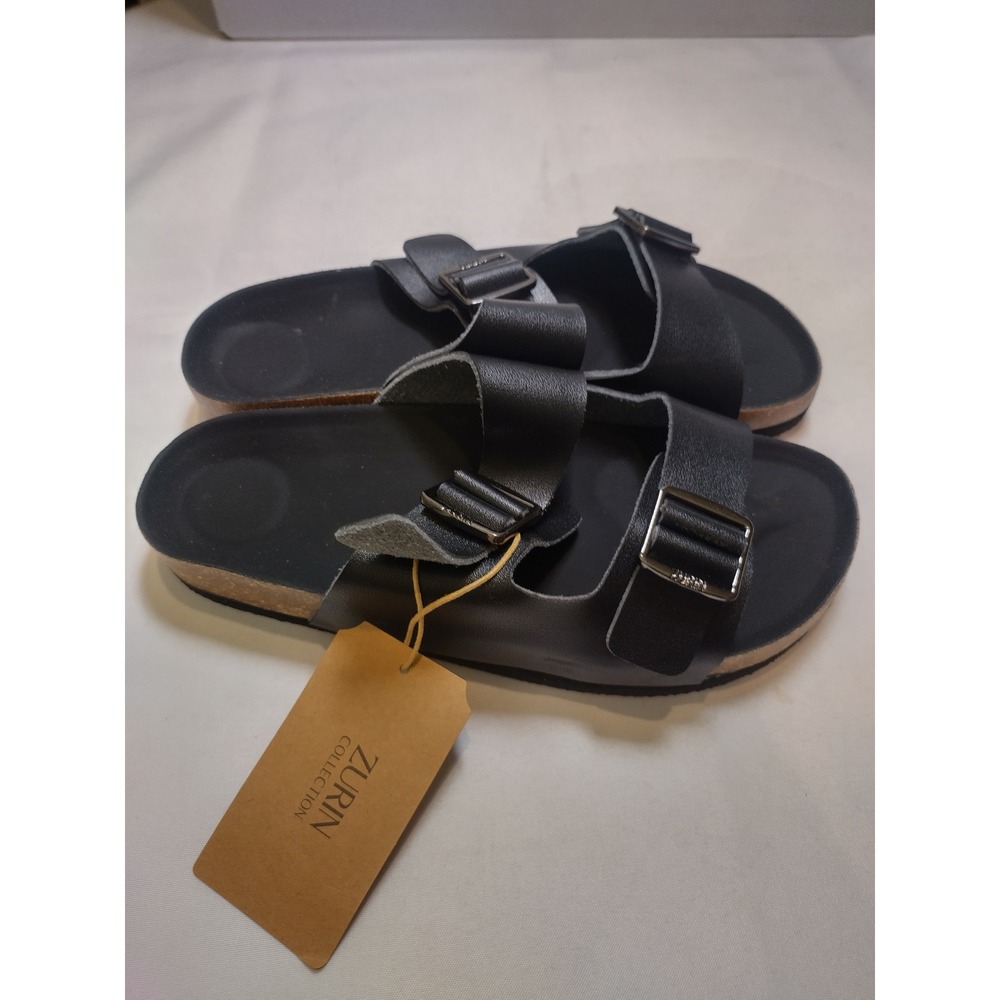 ZURIN Collection Black Genuine Leather Platform Double Strap Buckle Sandal 7-7.5 - Picture 2 of 7